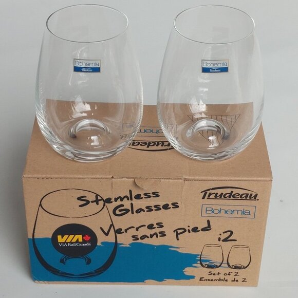 VIA RAIL Stemless Glasses PAIR TRUDEAU Bohemia Set of 2 BNIB European crystallin - Picture 4 of 15